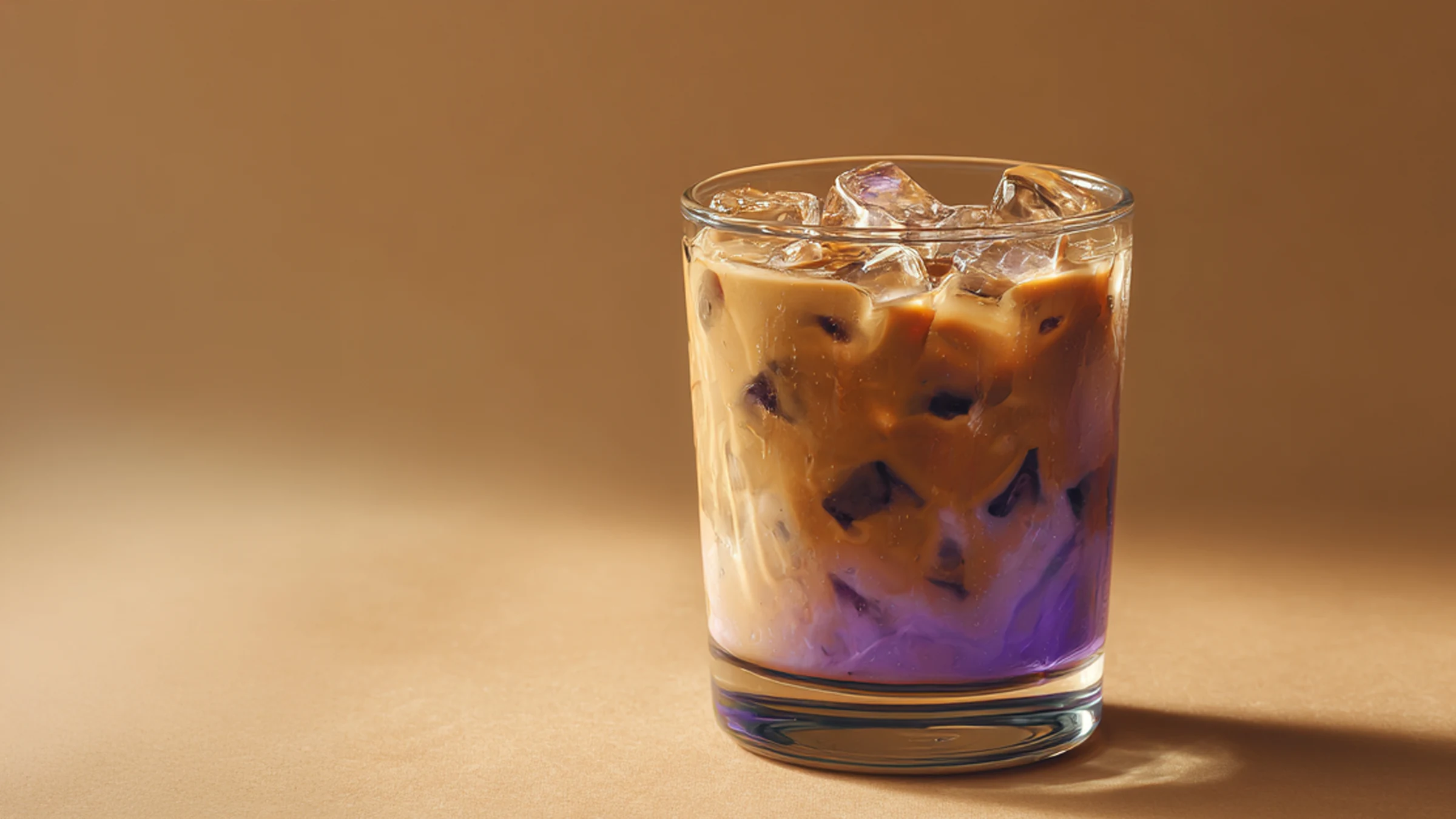 Islatte med lila toner i ett glas mot en varm, karamellfärgad bakgrund.