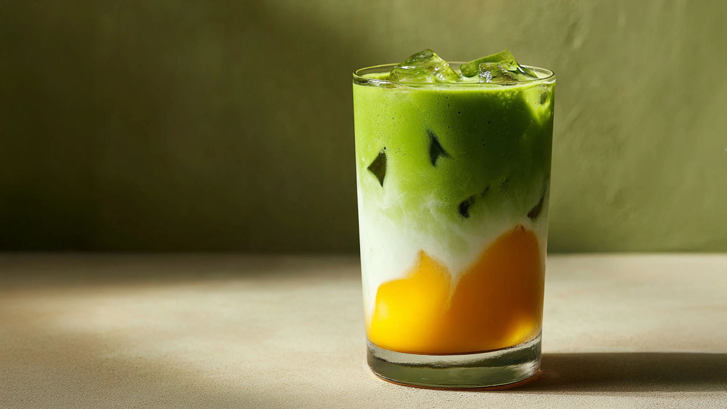 Matchalatte med mango, mjölk och is i ett glas.
