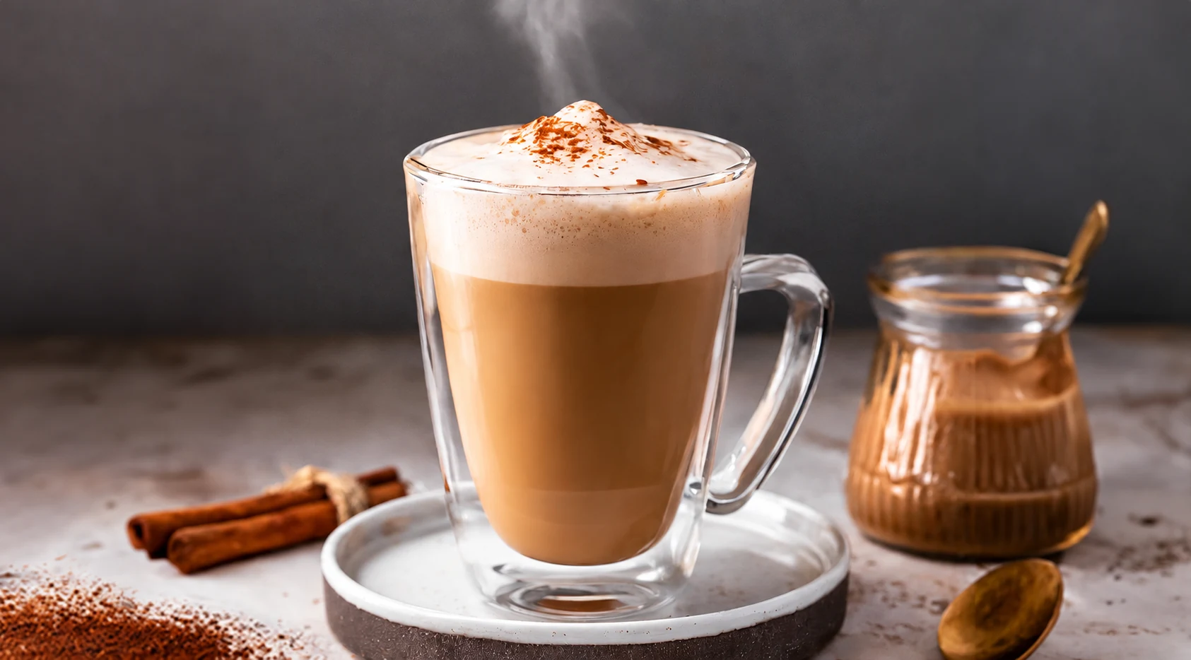 Chai med krämigt skum och kanel på ett fat, med kryddor intill.