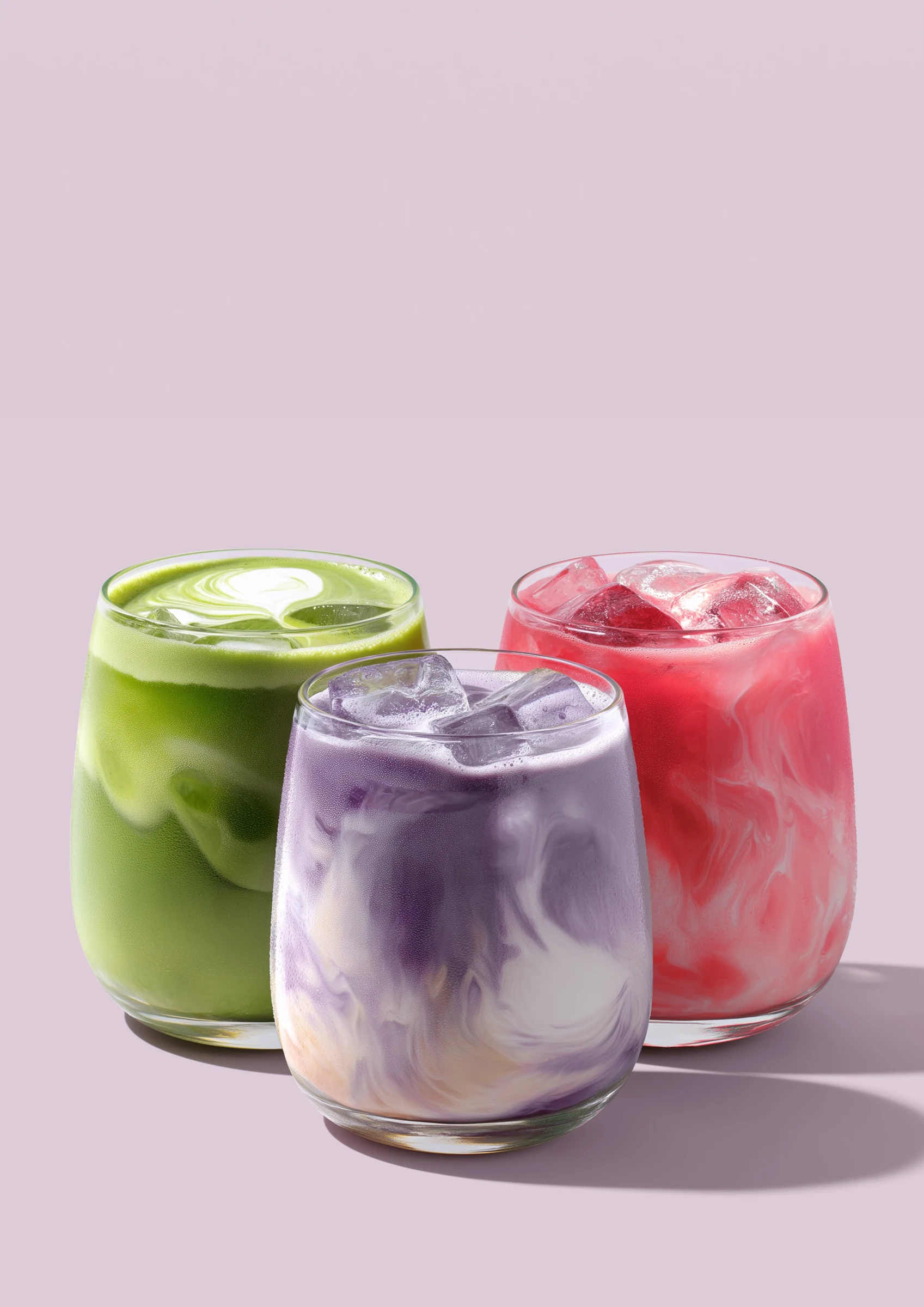 Gröna, rosa och lila lattedrycker med is i glas.